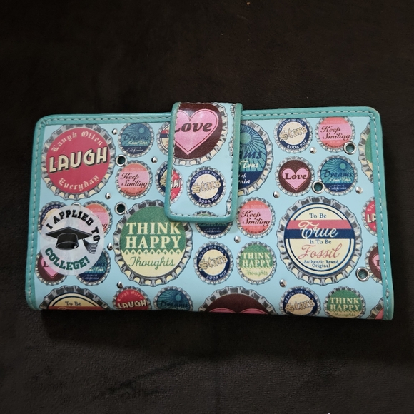 Rare FOSSIL Happy Bottle Tops Blue Leather Wallet Excellent Condition - Picture 1 of 8